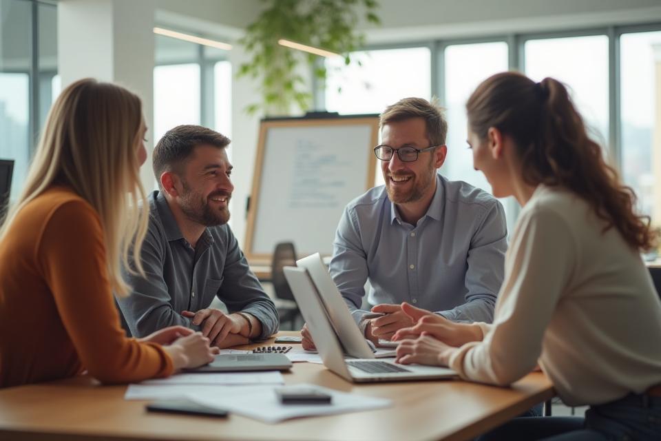 Diverse team collaborating in a modern office